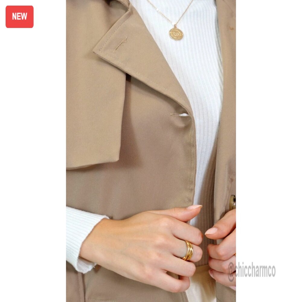 Sleeveless Cropped Trench Coat Belted Lapel Collar Vest Chic Minimal Elegant - Picture 7 of 7